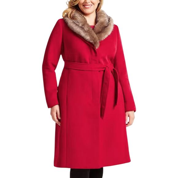 Talbots Wool Blend Belted Long Coat Removable Fur Collar Red Size 6 - Picture 2 of 10